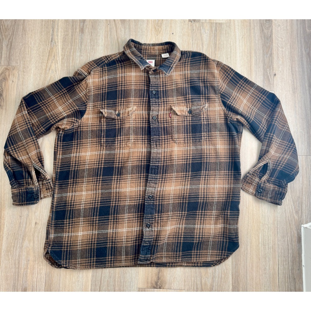 Levis Mens Relaxed Fit Flannel Shirt XL Brown Black Plaid Button Down 19587-0140